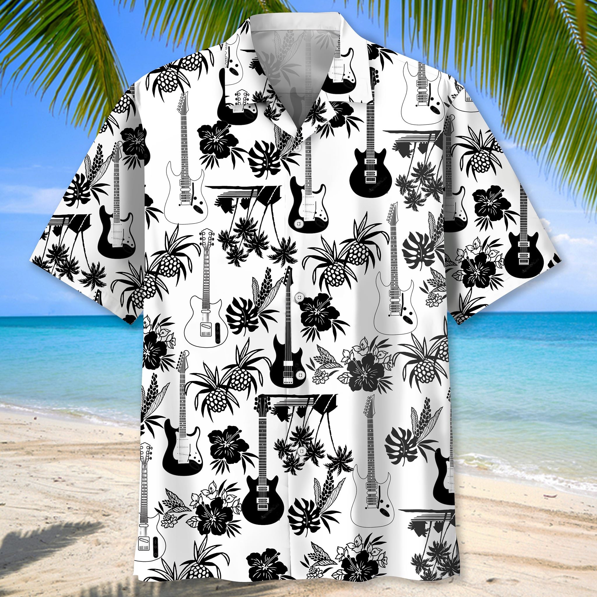 Guitar Hawaii Shirt Black And White Pineapples Hibiscus Ha94271