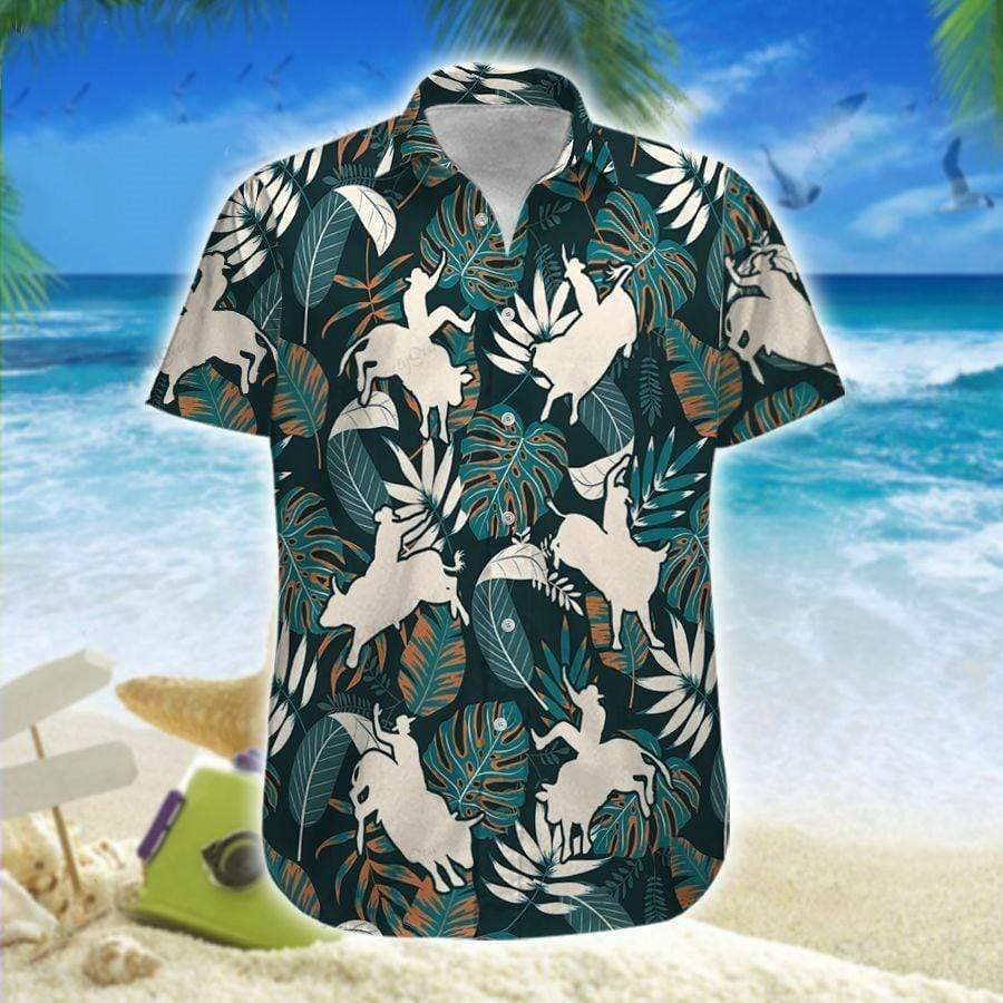 Hawaiian Aloha Shirts Bull Riding White Tropical Leaves – Jamestees Store