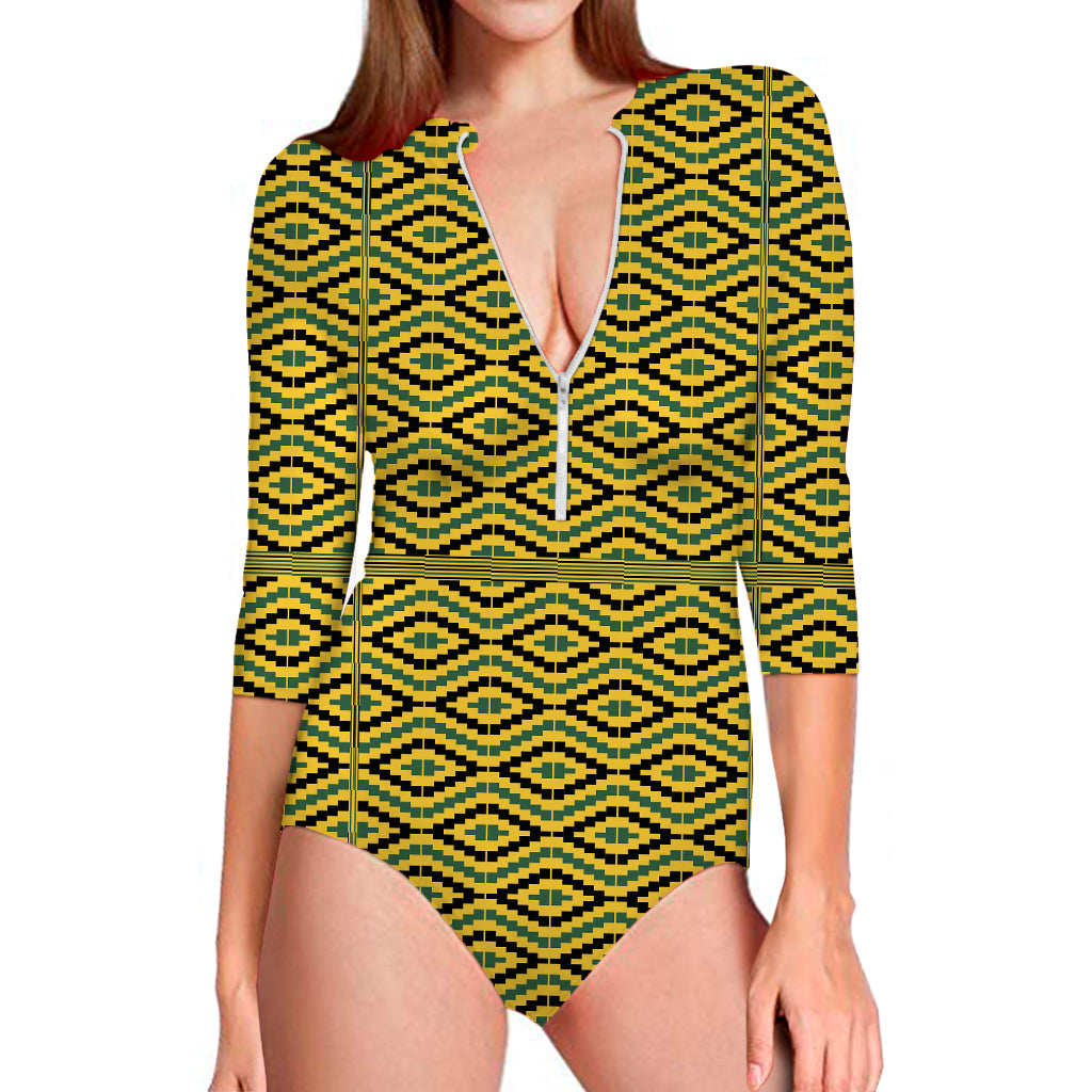 Kente African Pattern Print Long Sleeve One Piece Swimsuit