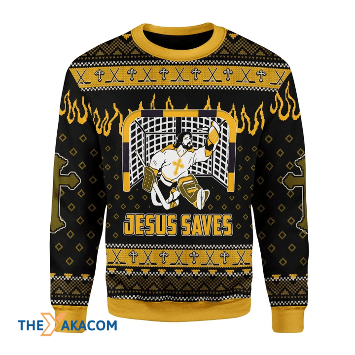 Merry Xmas Jesus Saves Hockey Awesome Gift For Christmas Ugly Christmas Sweater T-Shirt