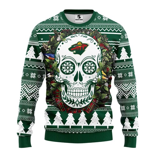 Minnesota Wild Skull Flower Christmas Gift For Fan Ugly Wool Sweater Christmas