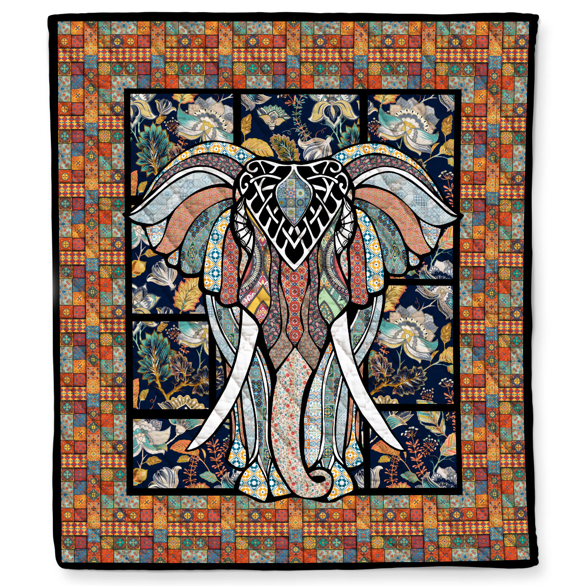 Bohemian Boho Elephant Mandala Quilt Blanket.