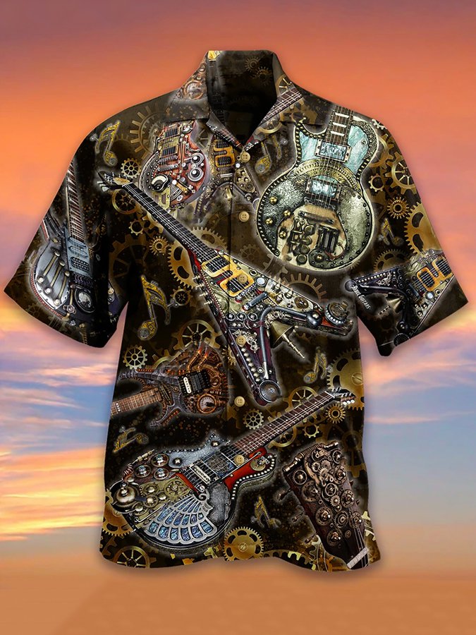 Vintage Music Guitar Machine Style Short Sleeve Hawaii Shirt Ha69188