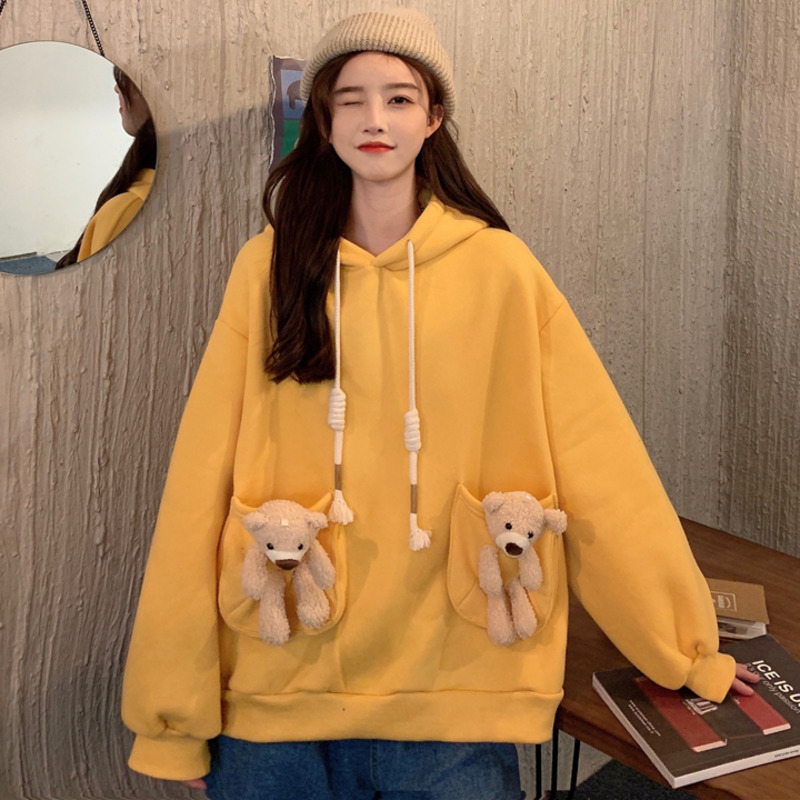 2020 Winter Bear Toy In Pocket Hooded Sweatshirt Women Harajuku Streetwear Casual Thicken Fleece Lining Twist Drawstring Hoodies alx