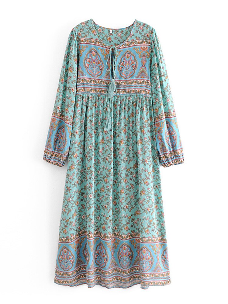 Vintage Chic Women Long Sleeve Neck Tie Ethnic Green Floral Print Beach Bohemian Maxi Dress Ladies Rayon Cotton Boho Dresses alx