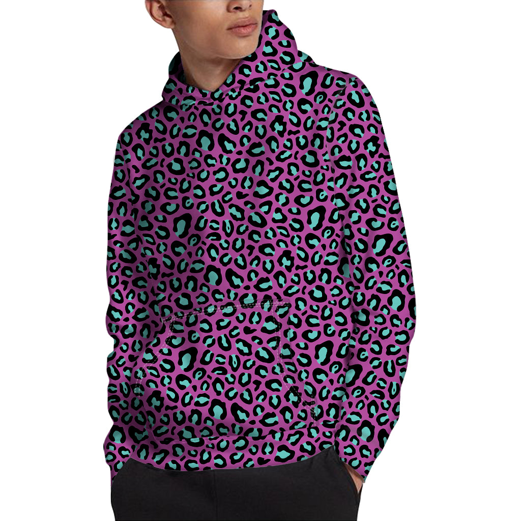 Purple And Teal Leopard Pattern Print Pullover Hoodie