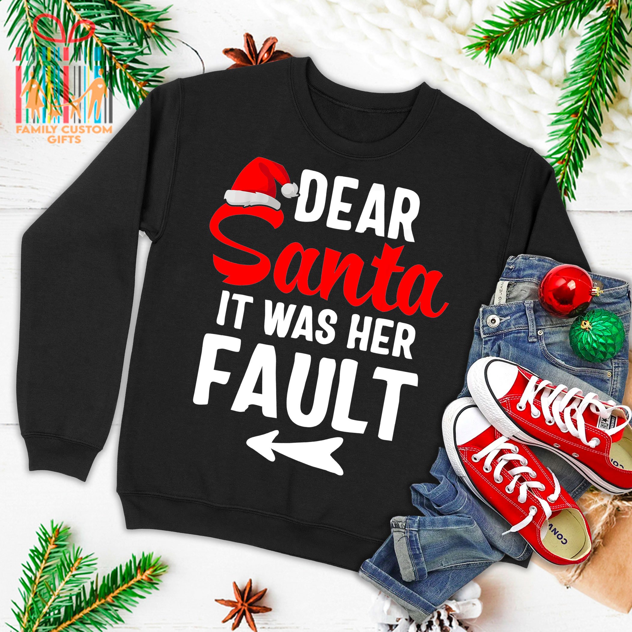 Funny Christmas Couples Shirts Dear Santa It Was Her Fault Ugly Christmas Sweater T-Shirt