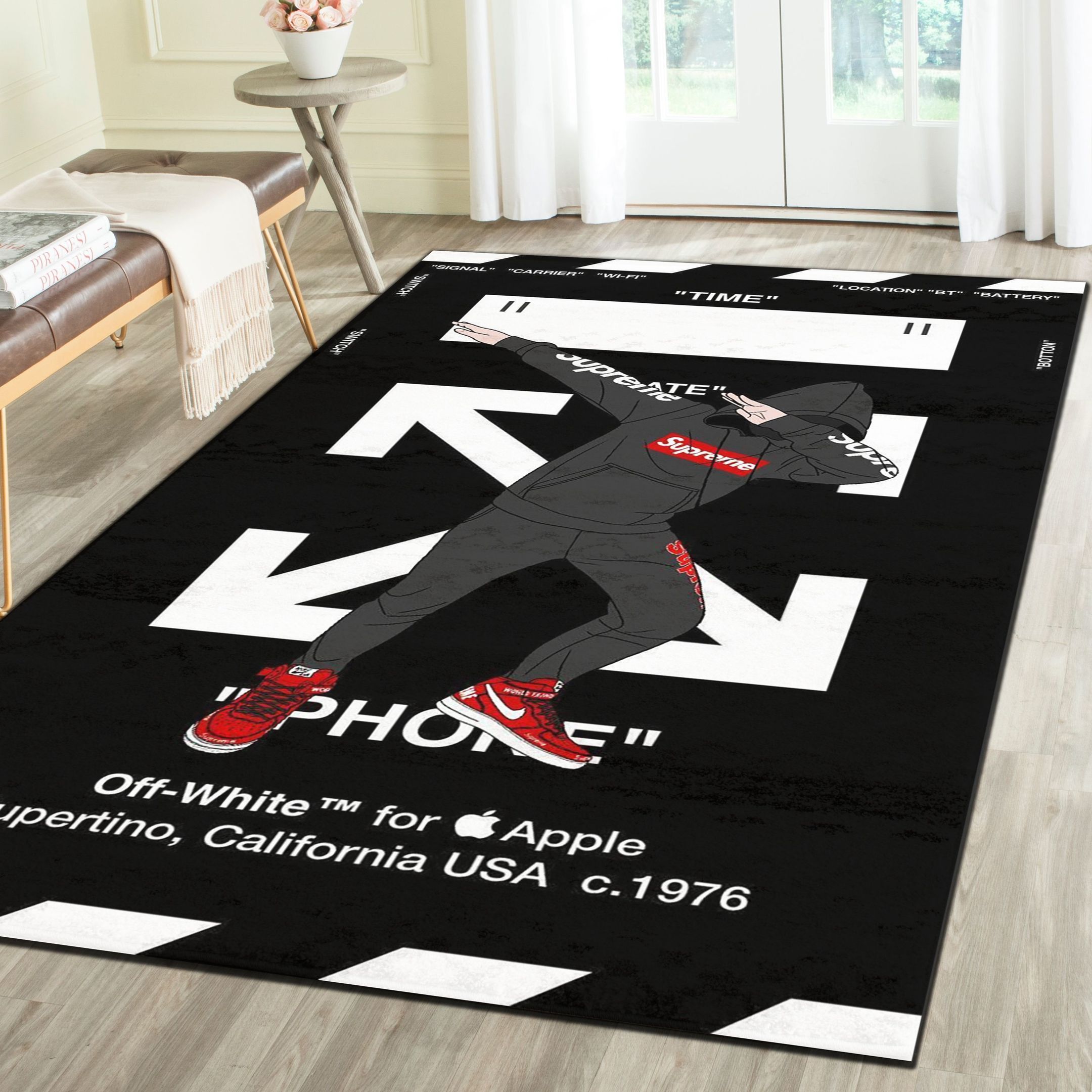 Off-White Logo Area Rug, Luxury Hypebeast Living Room Carpet, Fashion Brand Floor Mat Home Decor