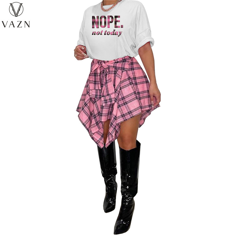 VAZN 2022 Hot Sales Sweet Office Lady Preppy Style Young Sexy Short Sleeve Top Asymmetrical Short Skirt Lady Two Piece Sets alx