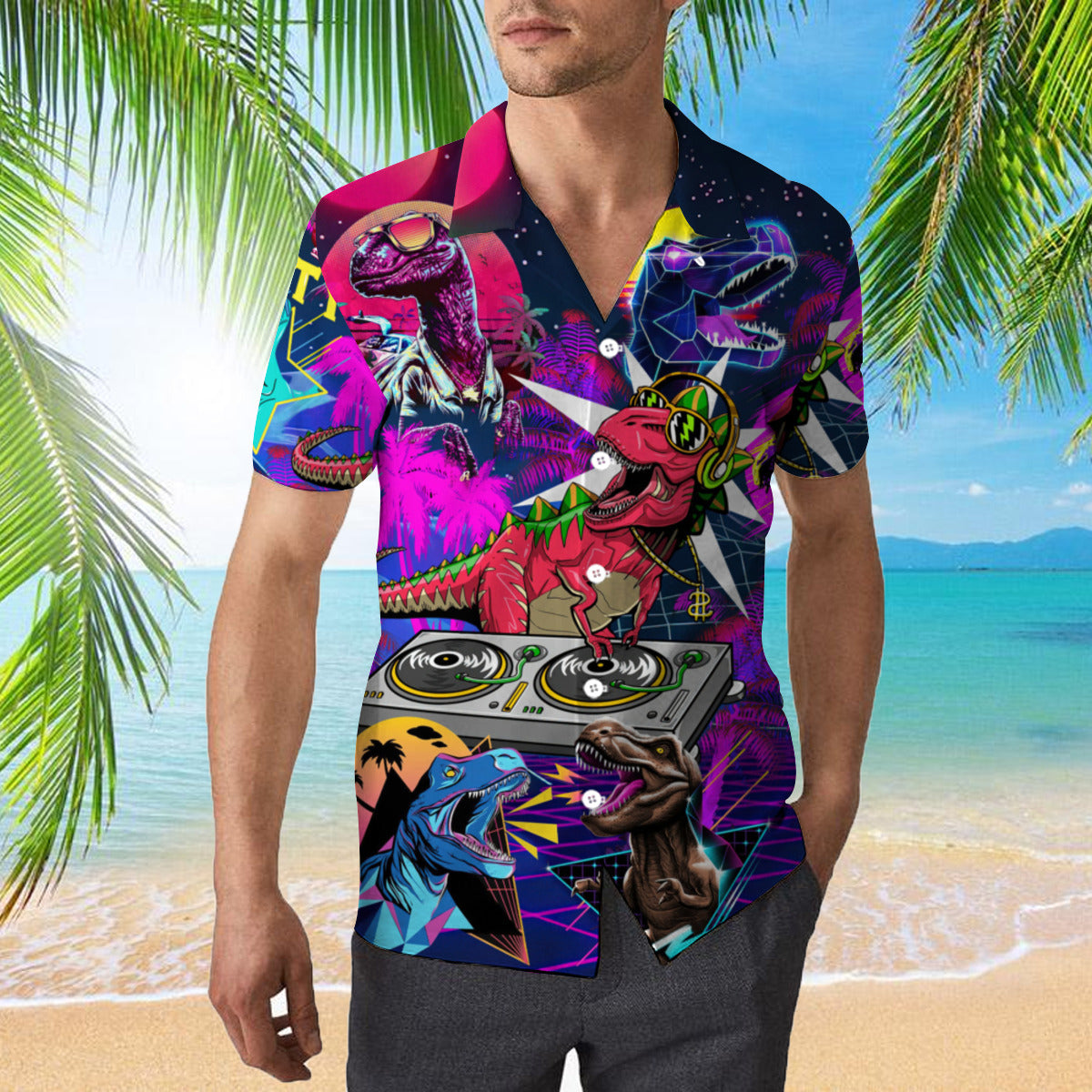 Dinosaur T-Rex Neon Dj Party Hawaiian Shirt | For Men & Women | Hw320