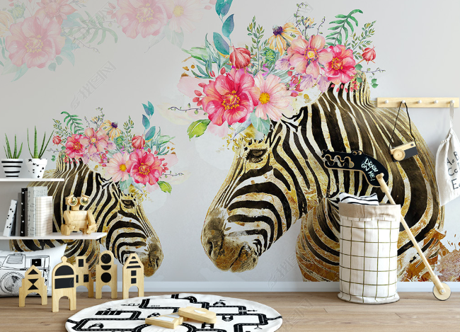 3D Hand Drawn Animal Zebra Floral Wall Mural Wallpaper Lqh 143