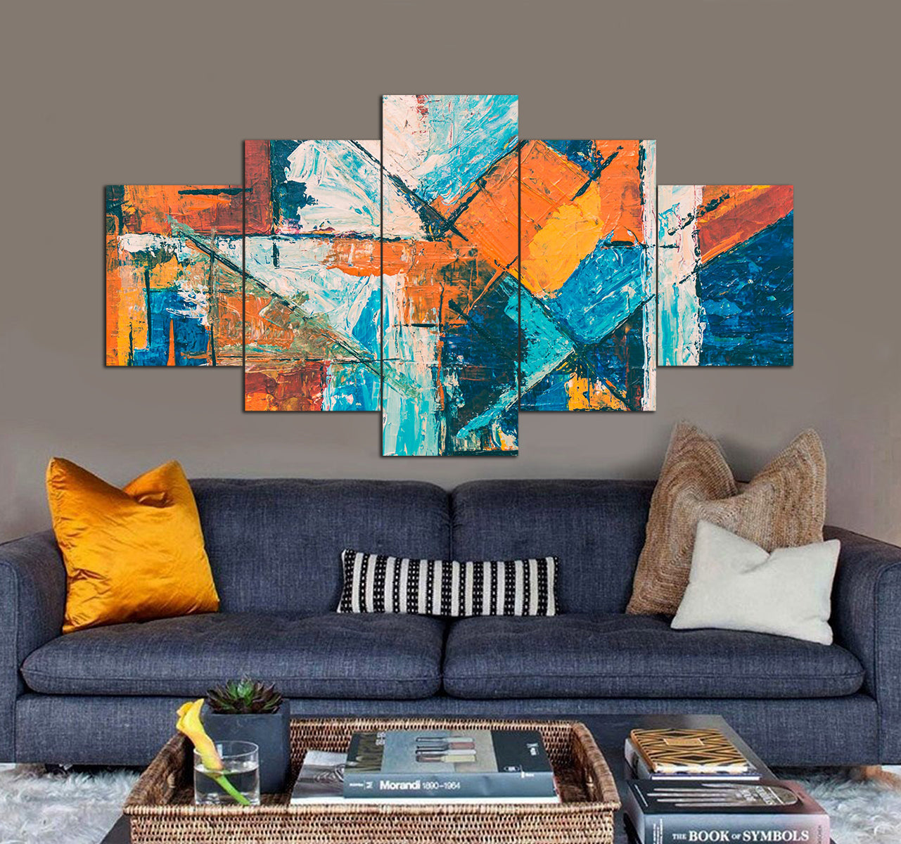 Blue, Orange, And White Abstract Painting 1 3D 5 piece canvas art