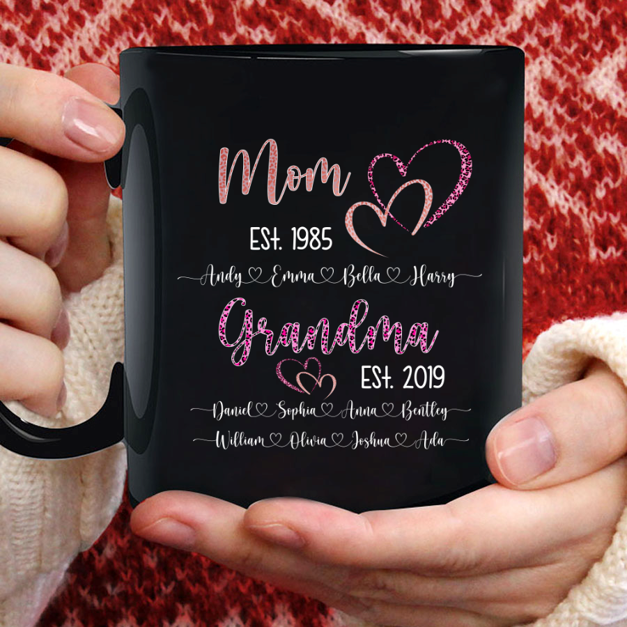 Mom Est Grandma Est And Kid Names Heart Leopard Mug