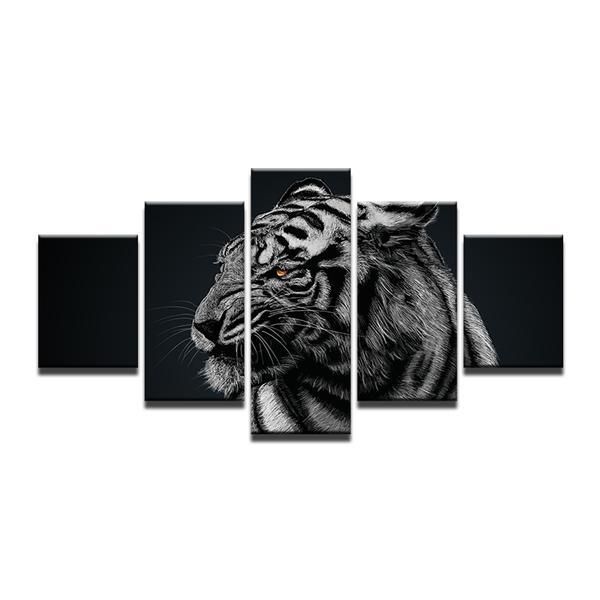 Tiger Black White Animal 5 Panel Canvas Art Wall Decor