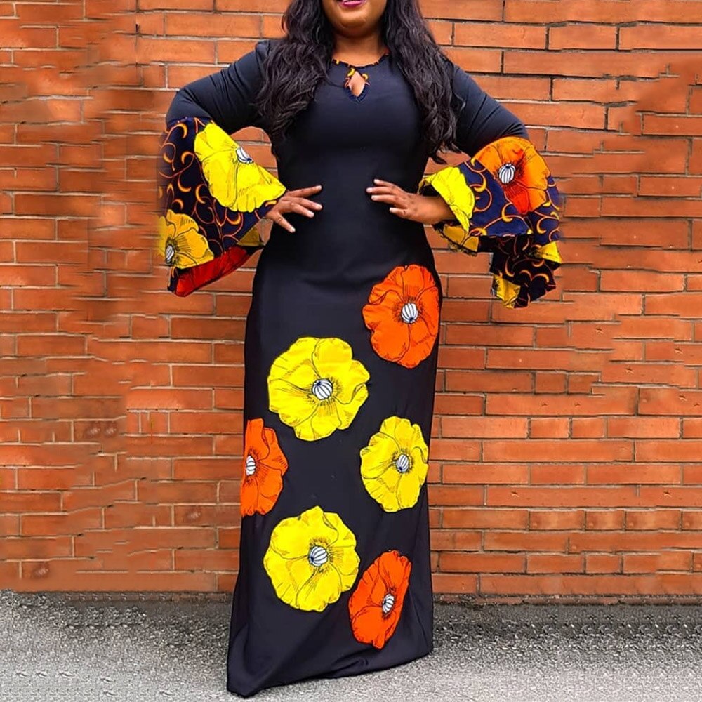 African Loose Women XXL Flare Sleeve Floral Print A-Line Dress Long Maxi Female Dresses Robe Vestiods Elegant Casual Plus SIZE alx