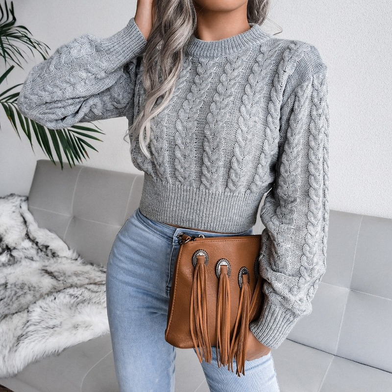 Sweater for Women Winter Fashion Woman Pullover Knitted Crop O-Neck Twist Navel Casual Long Sleeve Top Pull Autumn Femme 18132 alx