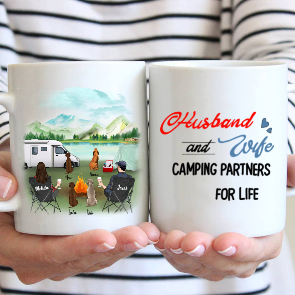 Personalized camping coffee mug, gifts for dog mom dad, camping lovers – 4 Dogs & Couple – Husband and Wife Camping Partners For Life