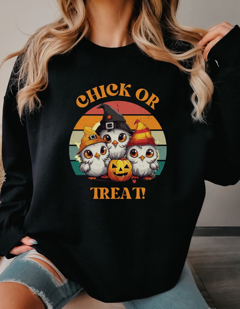 Chicken Halloween Sweatshirt, ‘Chick Or Treat!’, Retro Halloween Crewneck Sweatshirt All Over Print Sweatshirt For Women Sweatshirt For Men