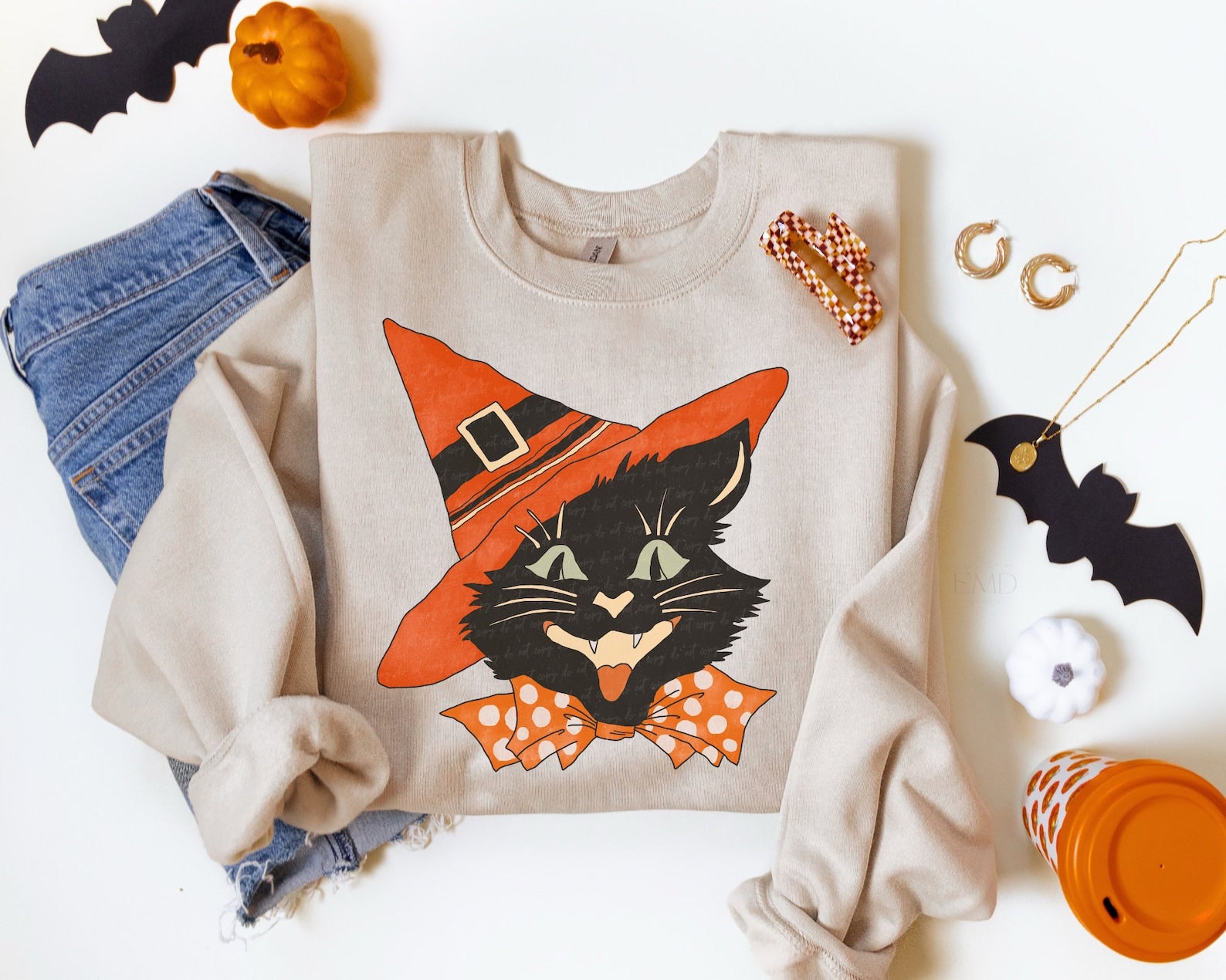 Vintage Halloween Cat 2D Crewneck Sweatshirt All Over Print Sweatshirt For Women Sweatshirt For Men Sws1294