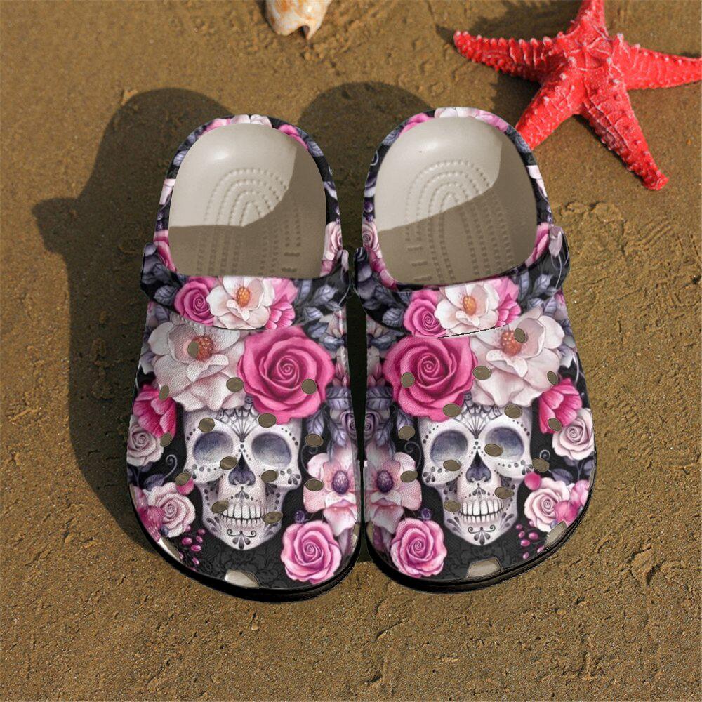 Skull Personalized Clog, Custom Name, Text, Color, Number Fashion Style For Women, Men, Kid, Print 3D Pink Roses Skull