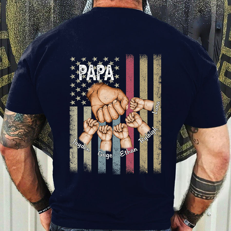 Personalized Papa Grandkids Hands Flag Art T-Shirt