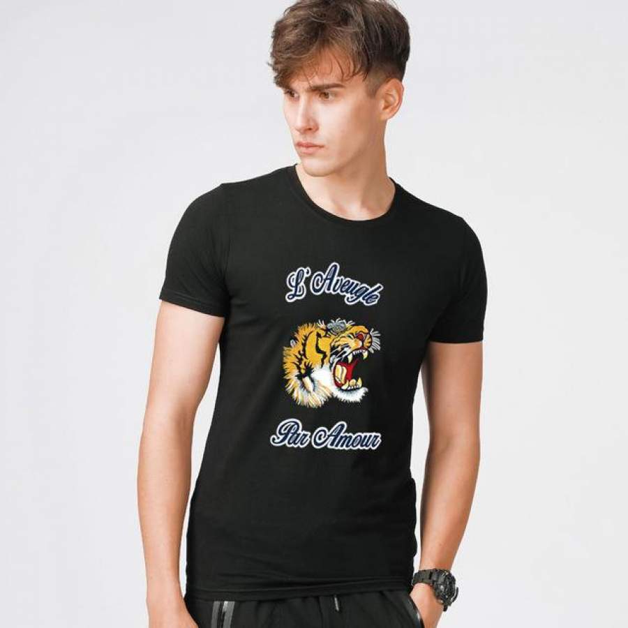 Men Shirt Summer Top Tiger Printed Slim Fit Short Sleeve T Shirt Cotton Casual Men Clothes