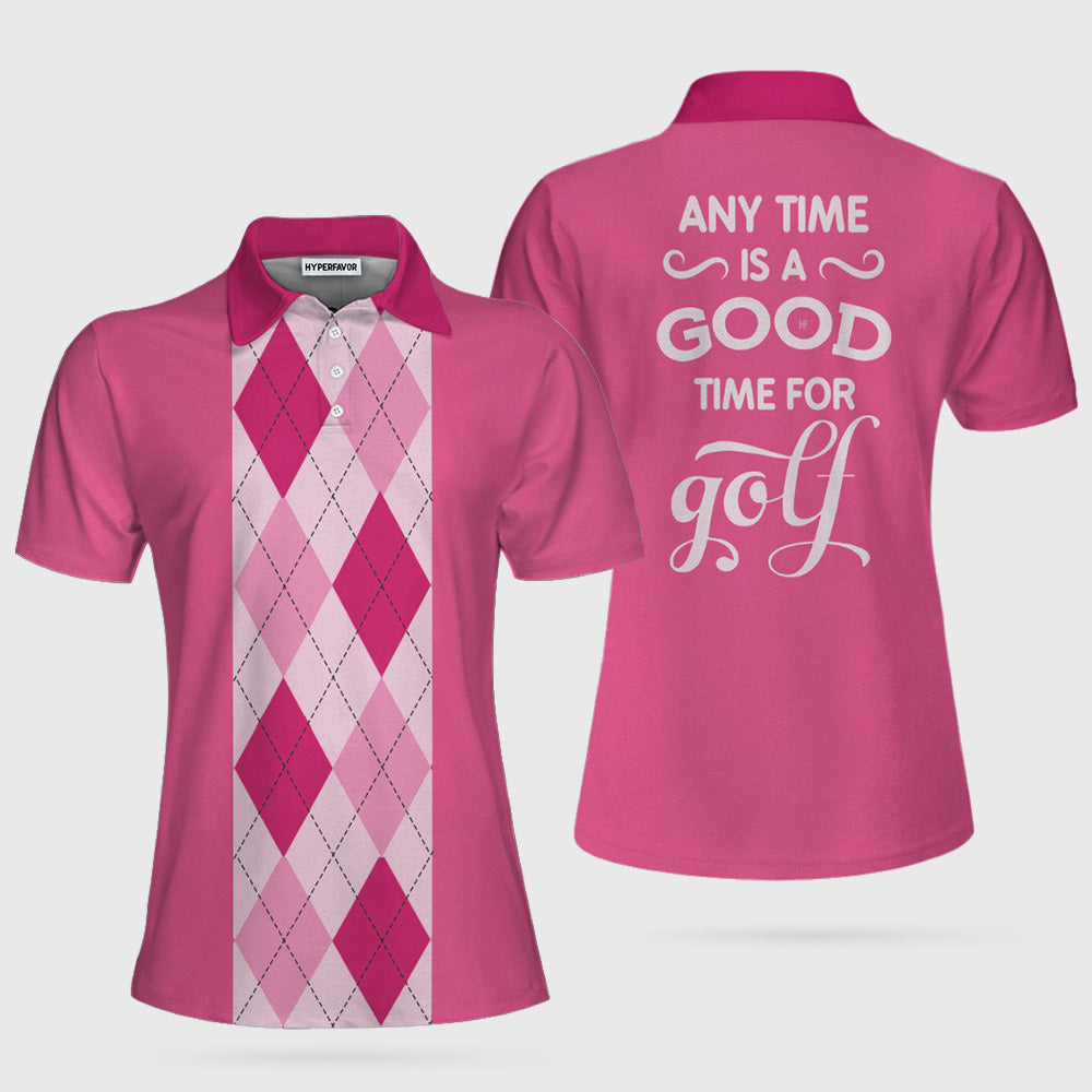 Anytime Is A Good Time For Golf Short Sleeve Women Polo Shirt, Pink Argyle Pattern Golf Shirt For Female Golfers Coolspod