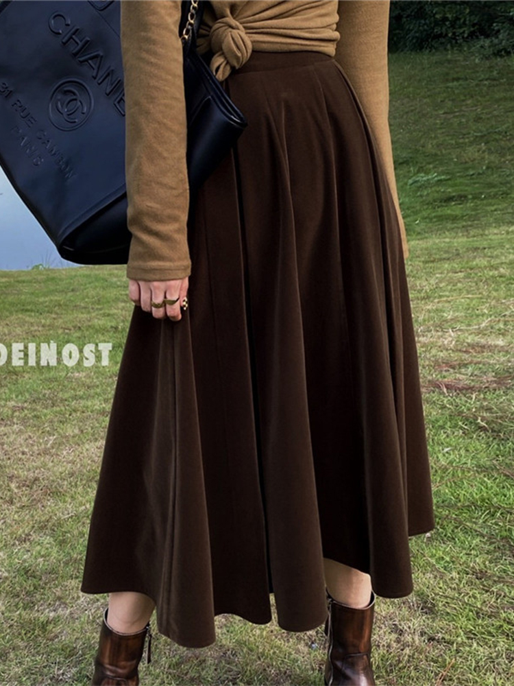 TIGENA Vintage Velvet Midi Long Skirt Women 2021 Fall Winter Elegant All-match Solid A Line High Waist Mid-length Skirt Female alx