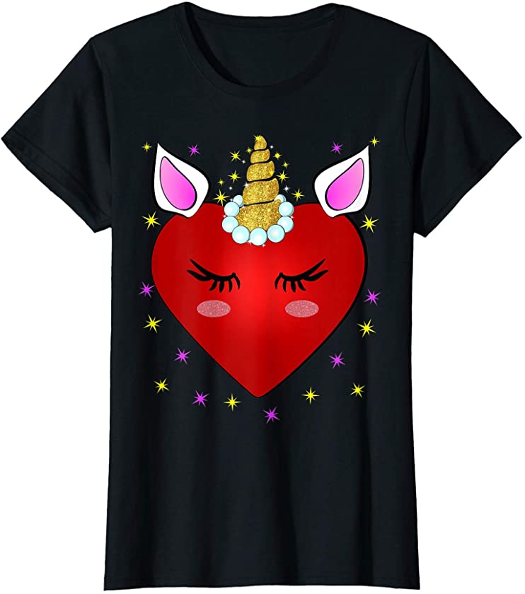 Women Girls Valentine’s Day Gifts Unicorn Face Cute Heart T-Shirt