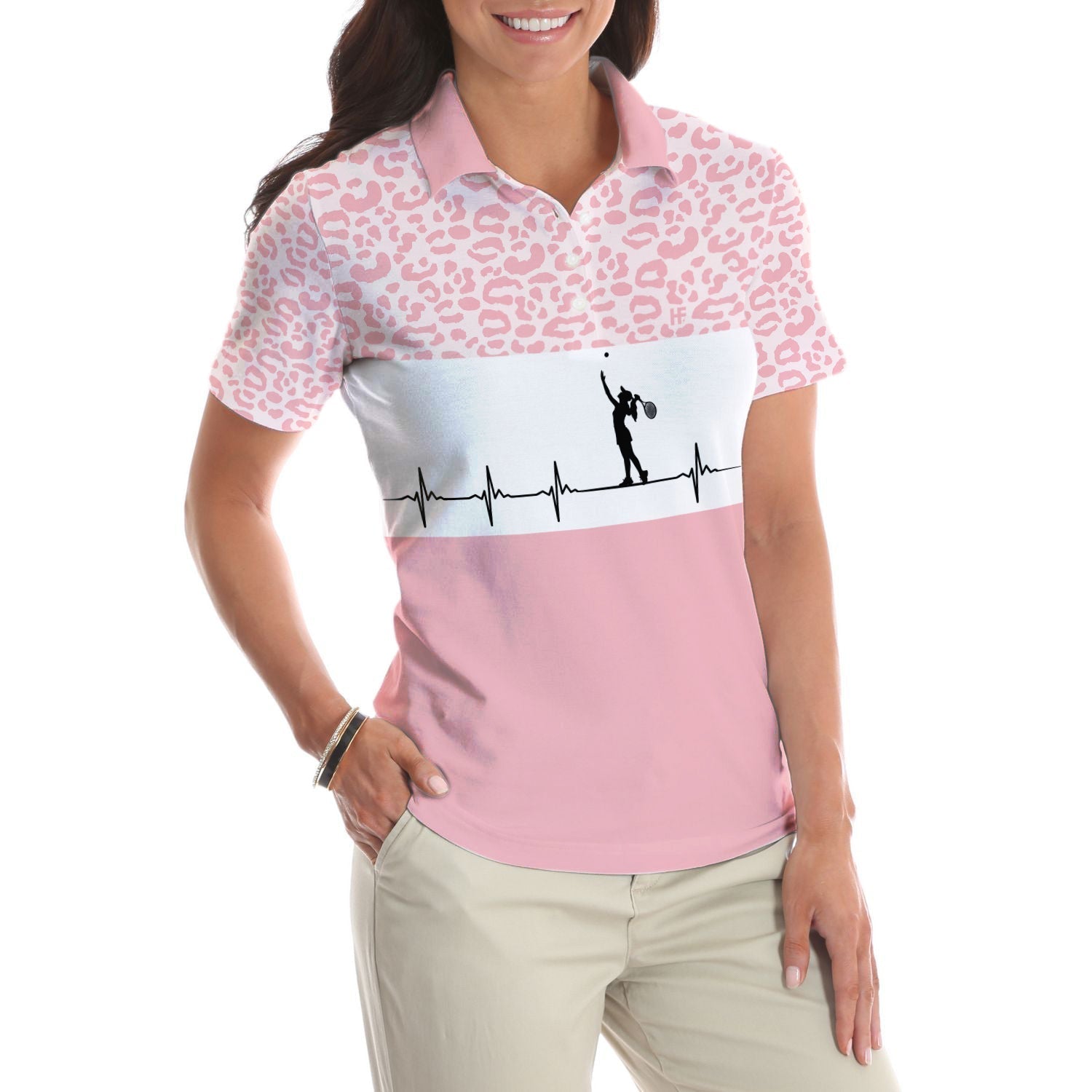 Pink Tennis Leopard Short Sleeve Women Polo Shirt. Best Women Tennis Shirt, Leopard Pattern Tennis Shirt For Female Players Coolspod