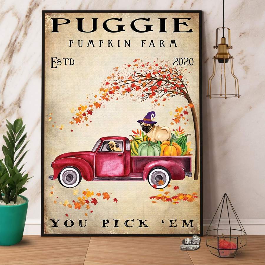 Pug autumn puggie pumpkin farm Halloween paper poster no frame/ wrapped canvas wall decor full size