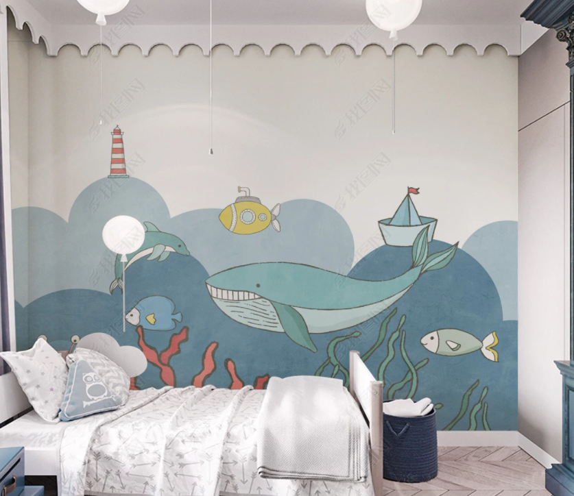 3D Cartoon Ocean Whale Submarine Lighthouse Wall Mural Wallpaper Gd 4336