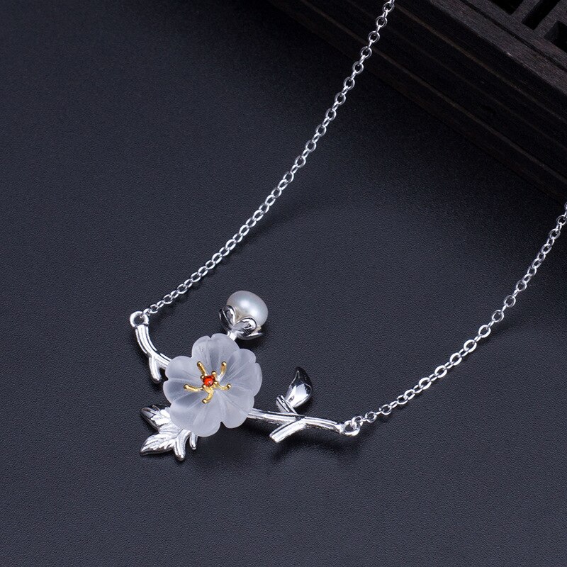 925 Sterling Silver Freshwater Pearl Zircon Necklace for Women Ethnic White Crystal Flower Branch Pendants Jewelry Chains XL043 alx