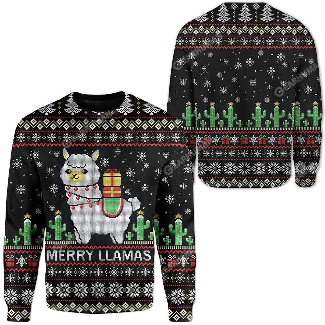 Unifinz Llama Christmas Sweater Merry Llamas Christmas Pattern Black Ugly Sweater 2022