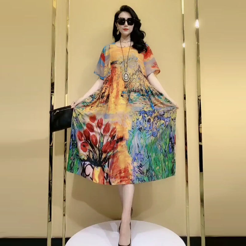 2022 Yellow Floral Mulberry Silk Beach Midi Dresses Spring Summer Loose 5XL Plus Size Dress Women Elegant Bodycon Party Vestidos alx