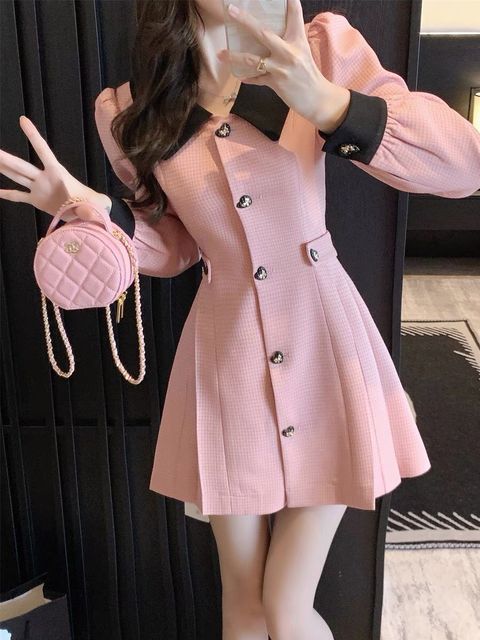 2022 autumn new pink dress French sense of luxury stitching elegant dress Korean fashion temperament women’s dress alx