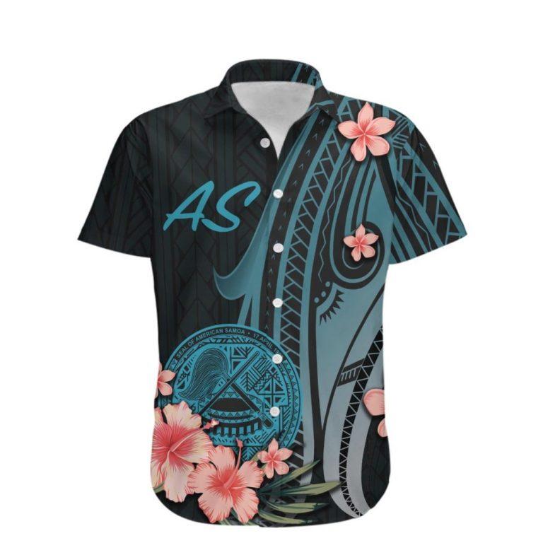 American Samoa – Turquoise Polynesian Hibiscus Pattern Style Hawaiian Shirt Plhw0013