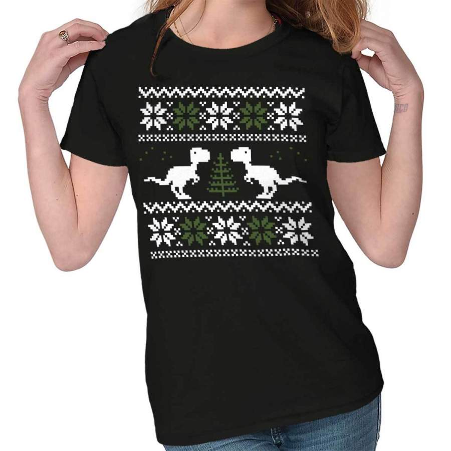 Ugly Christmas Dinosaur Ladies T-Shirt