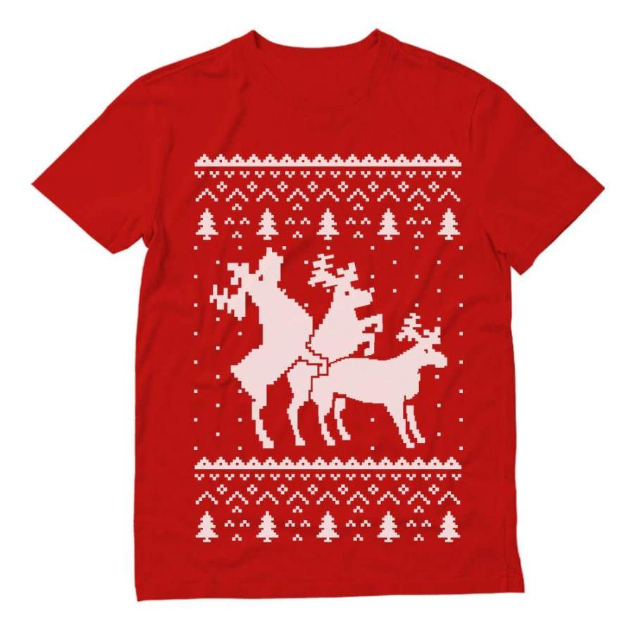 Ugly Christmas Party Sweater Humping Reindeer Threesom T-Shirt