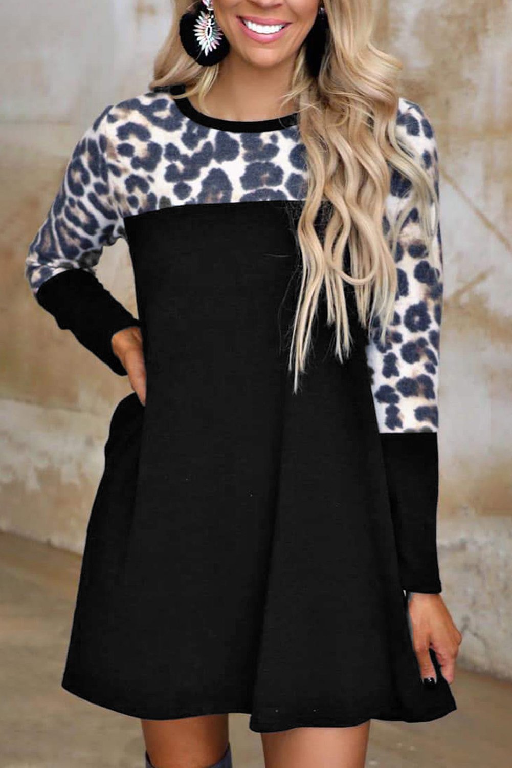 Azura Exchange Leopard Print Splicing Long Sleeve Dress