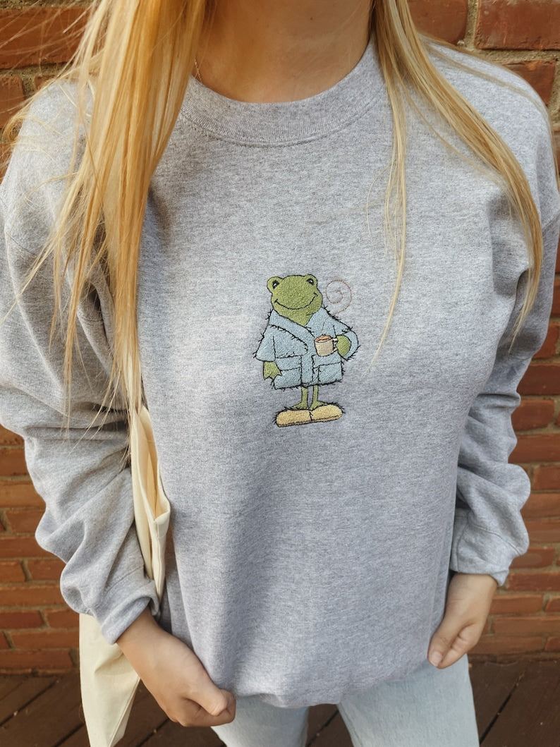 Cute Frog Embroidered Sweatshirt 2D Crewneck Sweatshirt All Over Print Sweatshirt For Women Sweatshirt For Men Sws2958