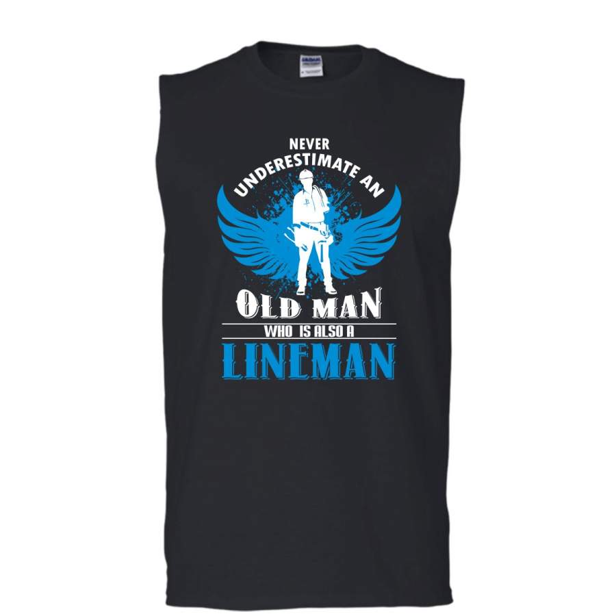 Never Underestimate An Old Man Who Is Also A Lineman T Shirt, Coolest Linema Grandpa T Shirt, Cool T Shirt (Men’s Cotton Sleeveless)