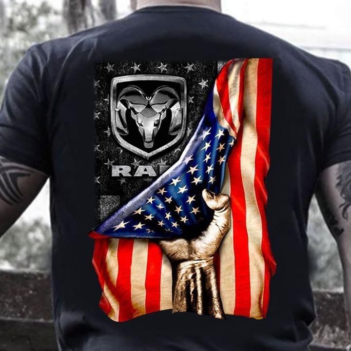 Dodge Ram Logo Behind American Flag T-Shirt