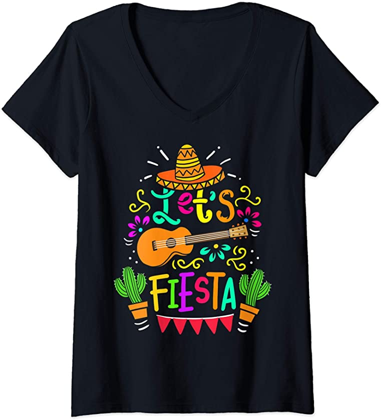 Womens Cinco De Mayo Mexican Guitar Cactus V-Neck T-Shirt