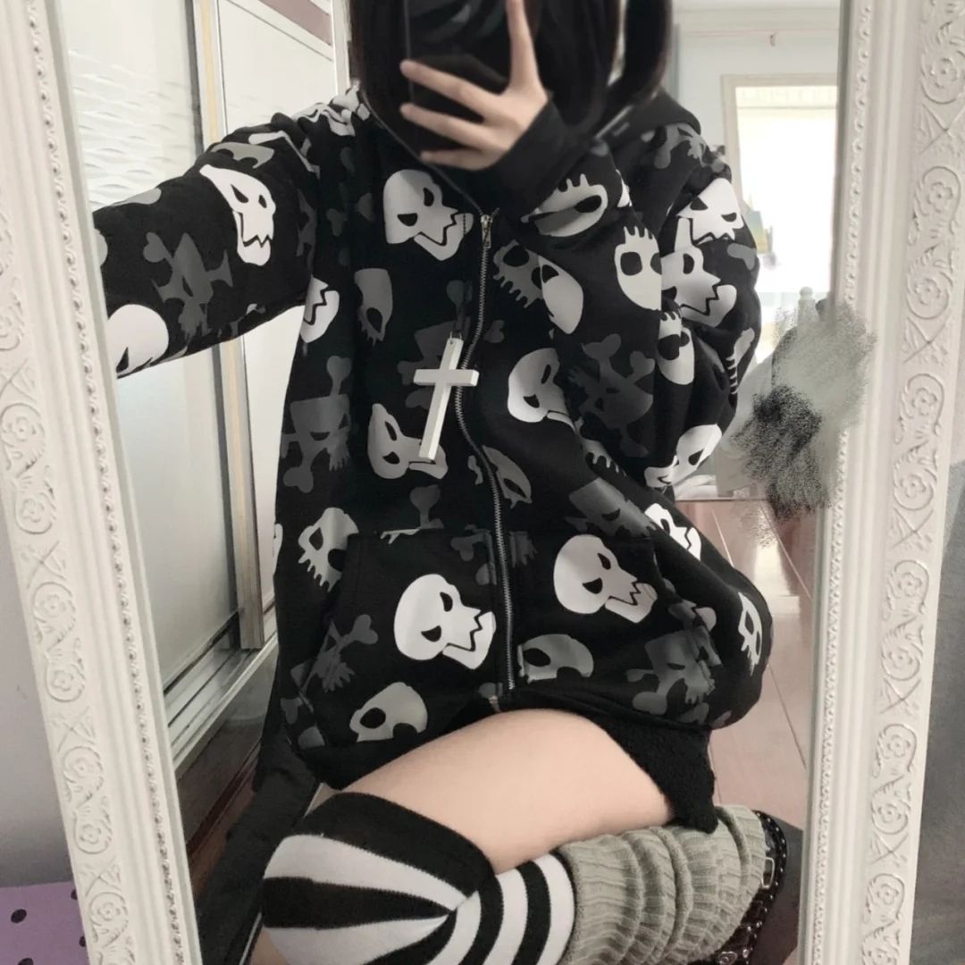 2022 Grunge Oversize Skull Print Sweatshirts Women Hoodies Y2k Casual Clothes Harajuku Vintage Retro Winter Women Zip Up Hoodie alx