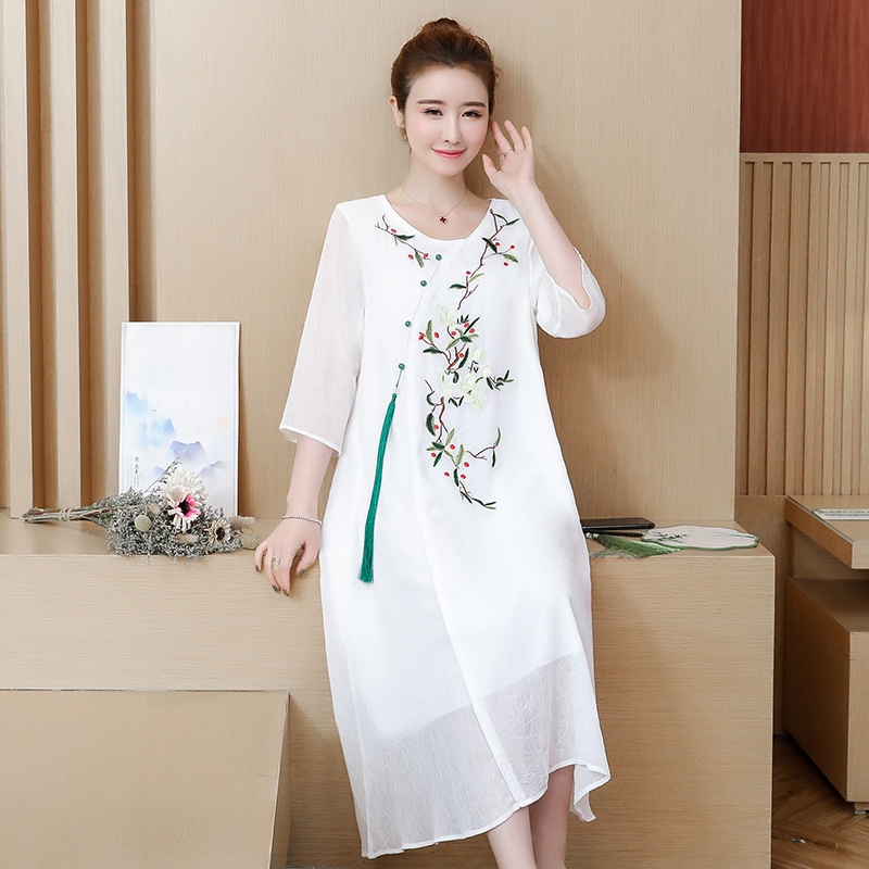 Floral Embroidery Vintage Loose Chinese Style Dress Women Summer Round Neck Three-quarter Sleeve Casual Chiffon Dresses Female alx