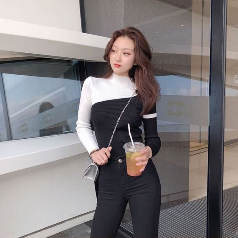 Women Sweater Sexy Halter Neck Half Turtleneck Sweaters Long Sleeve Bottoming Pullover Women’s Spring and Autumn Knitwear Top alx