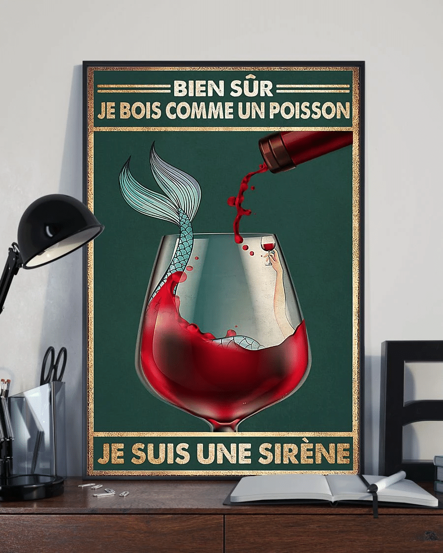 Wine Mermaid Poster Canvas – Bien Sr Je Bois Comme Un Poisson Je Suis Une Sirne Vintage Home Decor Wall Art Evg80026