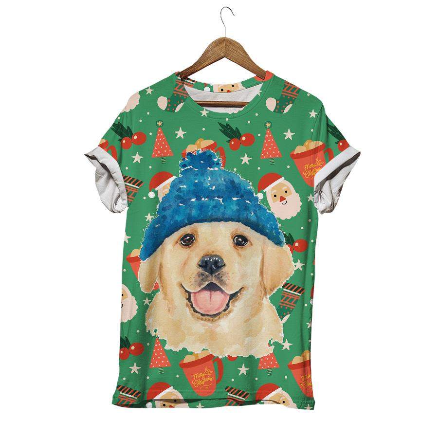 Puppy Smile Dog Golden In A Hat And Scarf Christmas Pattern Golden Dog T-shirt