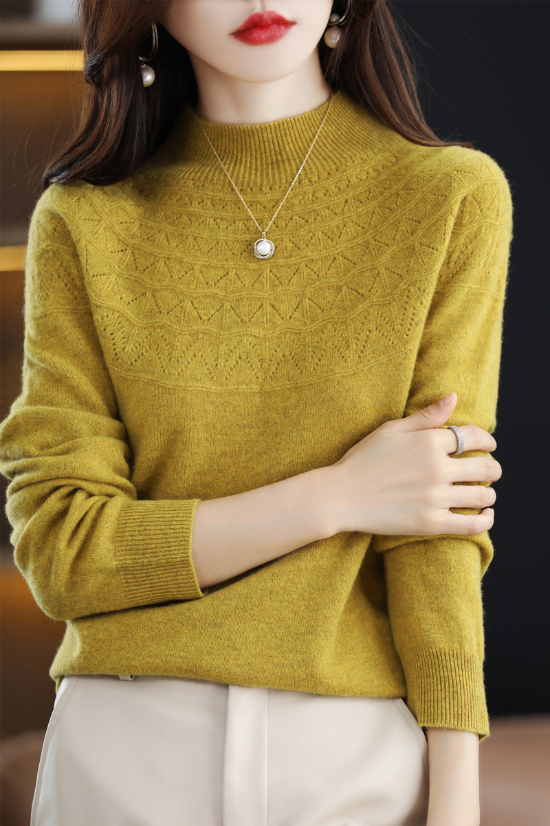 2022 Autumn/Winter New Seamless One-line Ready-to-wearWomen’s Pullover 100% Wool Half Turtleneck UpperBody Hollow Sweater alx